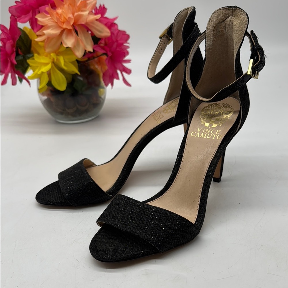 Vince Camuto Glittery Black Ankle Strap Heels Size 6.5 BHE9126E